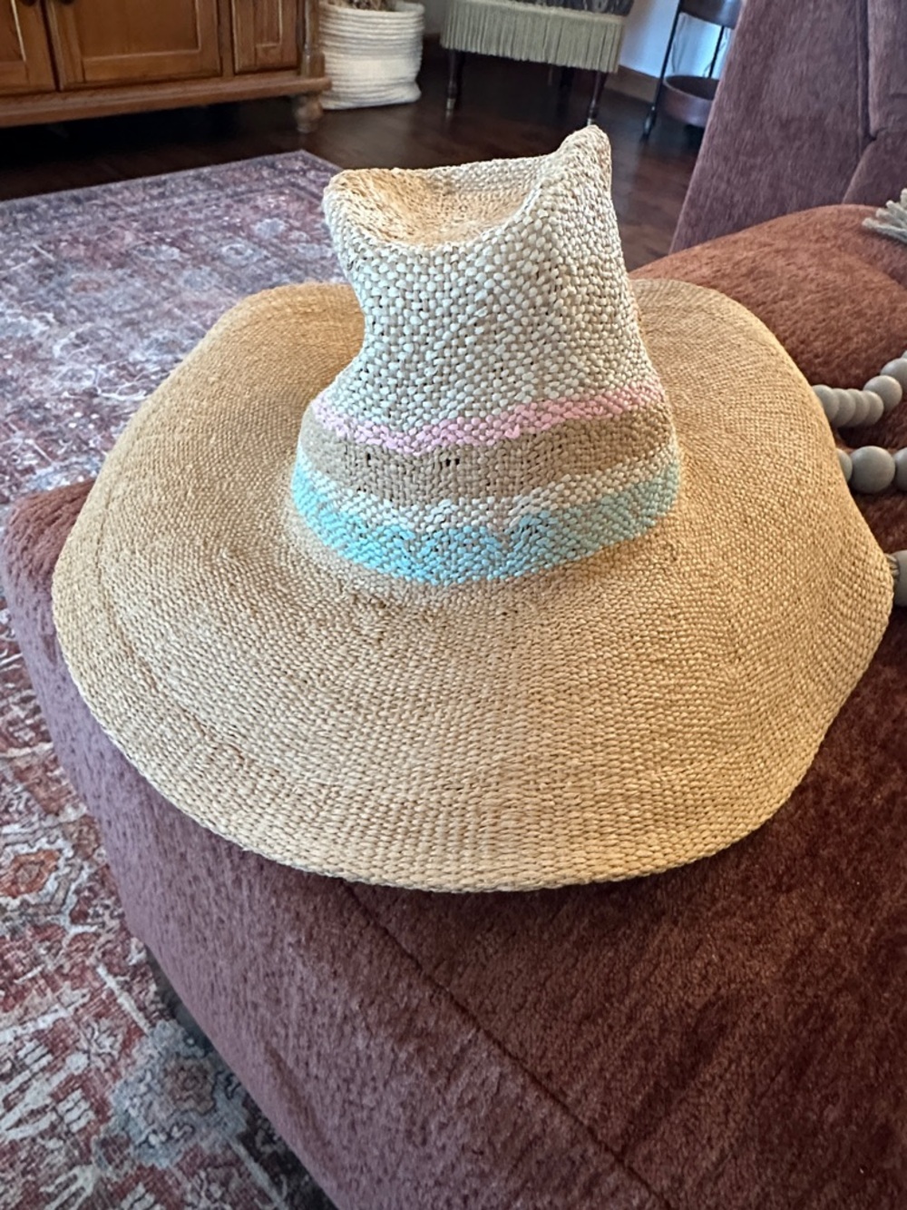 Universal Thread Woven Straw Cowboy Hat with Pink and Blue Accent - Picture 5 of 6